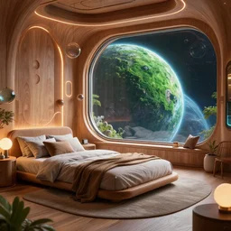 a futuristic cozy space bedroom from oblivion movie, byward lindhout and simon besombes and jung yeon min, with some fine wood and neon light details, art deco minimalist details, lens orbs, global illumination, with a glass futuristic window overlooking a lush green alien planet from space, lounge, architectural, volumetric lighting, granular detail, japandi, hyperrealist, micro details, blender, vray
