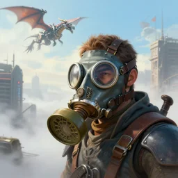 portrait painting of steampunk city with thick fog. from faseen a man wearing a gas mask on his face, a mechanical dragon flies in the sky. high detail, fine art, trending on artstation, smooth draw, sharp focus, digital art, bright colors, no anomalies, cool style.