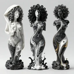 3 d liquid simulation, black ink, octane render, xparticles, abstract female bodies, intricate curly patterns, female face model mixing in white blanket, white carved abstract sculpture, black mineral quartz sculpt, swirly curls, abstract white fluid, golden edges and fractals, wasili kandinski, artstation, render, cinema 4 d, art noveau fresco, liquid acrylic painting