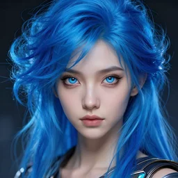 a young, slender girl, with fiery blue hair and bright eyes, hyperrealistic face, beautiful eyes, fantasy art, in the style of greg rutkowski, intricate, hyperdetalized, smooth, cyberpunk, tech