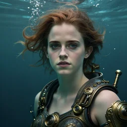 underwater steampunk cyberpunk portrait of emma watson, au naturel, hyper detailed, digital art, trending in artstation, cinematic lighting, studio quality, smooth render, unreal engine 5 rendered, octane rendered, art style by klimt and nixeu and ian sprigger and wlop and krenz cushart.