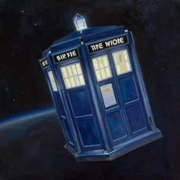oil painting of the tardis from dr who flying through space. beautiful. space.