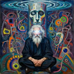 a wise man with a bright light in his eyes sits under the water column, face apocalypse, colorful, in the style of lisa yuskavage, frantisek kupka, intricate, miles, johnsto