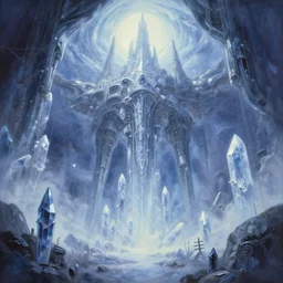 infinitely detailed towering anime dream world cold colors and bright dawn elysium mothership crystal radiation retribution scarce color palette cold power-line alienated scenery in a dream subconscious cavern balanced sacred geometry cold subtle mist painted by Makoto Shinkai, palettes of moon dusk and dream fantasy canvas carefully structured abstract expressionism oil painting by  Eemre Aaa (2041), crystal dream