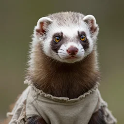 a beautiful closeup shot from a fantasy film of a humanoid ferret with golden eyes wearing a loose tunic. an anthropomorphic ferret. joseph ducreux, greg rutkowski.