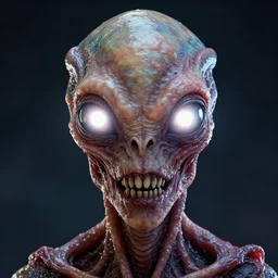 portrait of a space alien, varying detailed skin, meat monstrosity with teeth blender, octane render, eyes containing a piercing white bright white lights, realistic render, detailed, ugly, slimy unreal engine, symmetrical face, greg rutkowski and ruan jia, cinematic, colorful