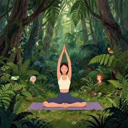yoga practice in the jungle, ferns, birds. digital drawing by wes anderson, amelie poulain, tim burton, tomm moore, guido crepax, graham annable. ultra detailed.