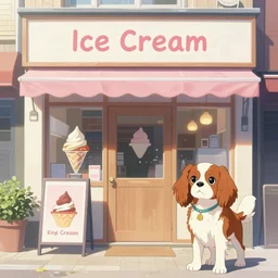 ice cream shop storefront, king charles spaniel, digital painting by makoto shinkai