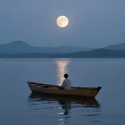 A beautiful small boat alone on a lake at twilight with calm waters, the moon shines from above causing light ripples in the water. A small and calm traveller sits in the boat, at peace with himself and the world. A digital art piece designed by psychologists to calm a troubled mind. Tranquil dreams of tepid water, a moment frozen in time. Trending on art station, an award winning masterpiece