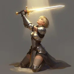 fantasy character illustration of a repentant short - haired female warrior kneeling and looking up into a beam of light holding a sword above in both hands, divinely lit, radiant glowing, trending on artstation, digital art ( by anna steinbauer ) ( by victor adame ) ( by jesper ejsing )