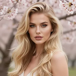 photo of a gorgeous female with long blonde hair in the style of stefan kostic, realistic, body shot, sharp focus, 8 k high definition, insanely detailed, intricate, elegant, art by stanley lau and artgerm, cherry blossoms