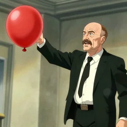 saul goodman throwing dart at red ballon, still from anime