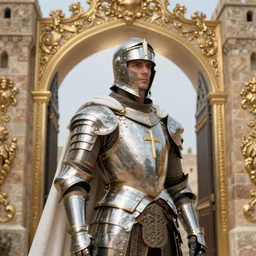 man looking forward in decorated with gold baroque style christian crusader armor, cylindrical helmet with golden cross on front and white cape covering half of his body standing at the gates of jerusalem drawn by greg rutkowski realistic high detail