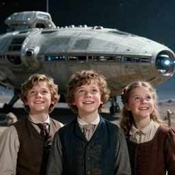 sharp, highly detailed, film from a blockbuster sci fi 4 k color movie, set in 1 8 6 0, family standing in front of a crashed spaceship, on a alien planet, looking happy, wearing 1 8 5 0 s era clothes, atmospheric lighting, in focus, reflective eyes, 3 5 mm macro lens, live action, nice composition, good photography, focus faces