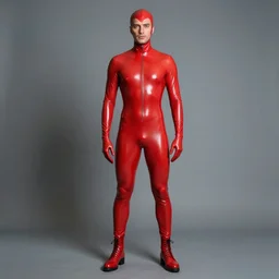 the spanish president m. rajoy dressed in red latex, full body professional photography, male body