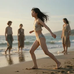 a full body shot of a asian girl playing on a beach by artgerm, dynamic lighting, ray tracing, tom bagshaw, alphonse mucha, donata giancola, mary jane ansell, atmosphere, realism, octane render, dof, hyperdetailed, 8 k