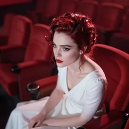 cinestill 5 0 d aerial wiev of a beautiful dreamy woman by annie liebovitz, sitting in a dystopian abandoned cinema, red tonal glossy, hair intricate style, wearing white dress, elegant, highly detailed, soft blur, artstation, sharp focus, head in focus,