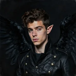 head and shoulders portrait painting of zayn malik as an angel with black wings and elf ears by jeremy mann, wearing leather napoleonic military style jacket, only one head single portrait, pointy ears, black background, soft top lighting, dark and moody, shadowed, contrast