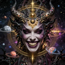 face shot of an evil woman with an evil grin and planets swarming her multiversal multi - dimensional universal mystical cosmic trending on artstation artstation hd artstation concept art symmetrical golden ratio centered intricate detailed refined amazing evil dismal bleak grim gloomy cheerless ernst haeckel