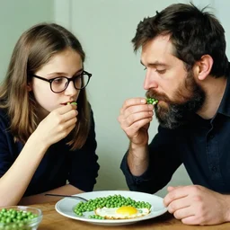 a photograph of a girl with glasses and a guy with 3 - day beard eating peas and fried egg by leonid afremov