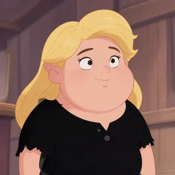 the daughter of ursula and misses puff, fat, blonde, black cloaths, villan style, 2 d, animation, detailed