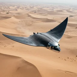 An airplane looks like a manta ray flying over the desert