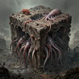 concept inks for cube squid mutation filthy and fungal in mesh valley, displaced nightmare, by alberto bontempi, shigeru komatsuzaki, wayne d barlowe, alex ross, enric torres, simon bisley & boris vallejo, hyper realism, cinematical, narrative light, muted colors, epic, hyper detailed, awe inspiring, award winning horror,