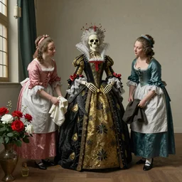 a skeleton Queen, two chambermaid sisters cleaning her, red and white flowers, perfume, baroque, Dutch masters