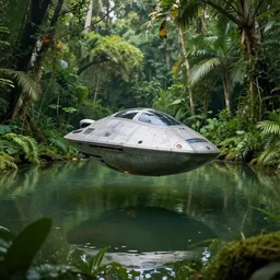 photo of a small alien ship floating above the water in a pond surrounded by a lush jungle