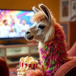 photo of a rainbow llama eating popcorn and watching tv