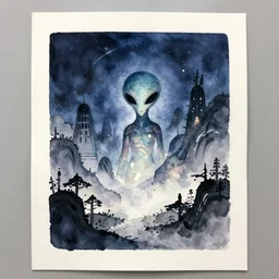 centered on watercolor paper, paint brush strokes, watercolor painting of a alien fantasy landscape at night, oriental, cinematic light, in the style of noriyoshi ohrai