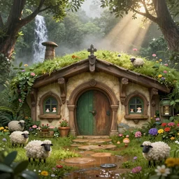 a medieval hobbit home, ornate, beautiful, atmosphere, vibe, mist, rain, wet, puddles, waterfall, forest, flowers, sheep, concept art illustration, color page, 4 k, tone mapping, doll, akihiko yoshida, james jean, andrei riabovitchev, marc simonetti, yoshitaka amano, digital illustration, greg rutowski, volumetric lighting, sunbeams, particles