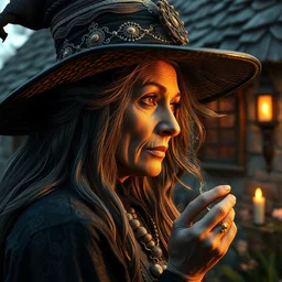 side portrait of ecclectic witch, beautiful, intricate, jaw dropping, dynamic lighting, intricate and detailed, cottage in background, 4 k octane render