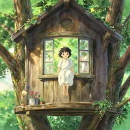 interior, girl lean on the window of a nice tree house, illustration concept art anime key visual trending pixiv fanbox by wlop and greg rutkowski and makoto shinkai and studio ghibli