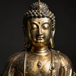 a close - up studio portrait of a robotic metal boddhisatva monk. art photography