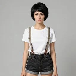a woman with black hair pixie cut in shorts with suspenders and white t-shirt drawn by caravaggio, Alexandre Cabanel, norman rockwell, peter paul rubens, maler collier, frank frazetta, alphonse mucha, gustav klimt 4k, unreal 5, DAZ, french noveau, trending on artstation, octane render, hyperrealistic