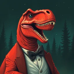 portrait illustration of dinosaur in the red tuxedo by jeremiah ketner, quint buchholz, wlop, dan mumford