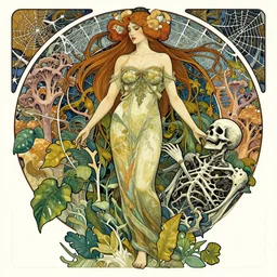an insanely detailed cell shaded vector art of a tall woman and the death, intricate detailed leaves, spiderweb, mycelia, by ruan jia, fantasy, hyper detailed, colorfull, concept art, by greg rutkowski, by alphonse mucha