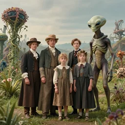 still from a sci fi blockbuster movie made in 2022, set in 1860, of a family standing next to some strange wild alien plants wearing 1850s era clothes, a humanoid alien standing nearby, in a park on a strange alien planet, good lighting, 4k, in focus faces, oscar winner, 35mm macro lens
