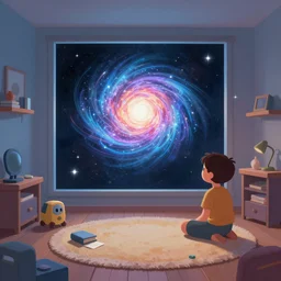 a hologram of the universe in a small boys room, illustration, digital art, trending on artstation