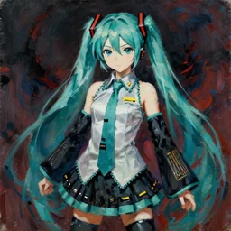 a portrait of hatsune miku by oskar kokoschka and francis bacon, ominous, dark, violent brushtrokes, painterly, thick impasto technique, dynamism, tachisme, movement, violent