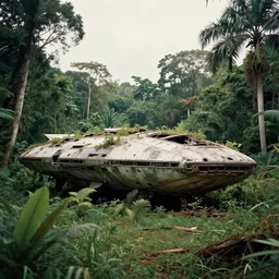 old photo overgrown spaceship ruins in jungle