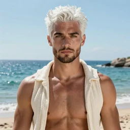 detailed cinematic wide shot of muscular attractive young portuguese man ( ( mr. bean ) ) beard slim face symmetrical face tanskin green eyes white hair wearing sea clothes, ultra realistic, spring light, painting by gaston bussiere, craig mullins, j. c. leyendecker