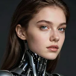 close - up portrait of beautiful young woman with cyborg body, art by paolo roversi
