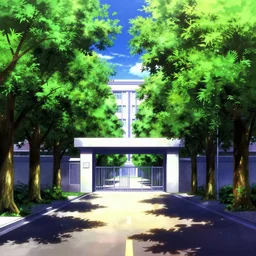 private academy entrance, boulevard, dense trees, building in the distance, overhanging branches, long road, cel - shading, 2 0 0 1 anime, flcl, jet set radio future, the world ends with you, god rays, cel - shaded, strong shadows, vivid hues, y 2 k aesthetic, art by artgerm