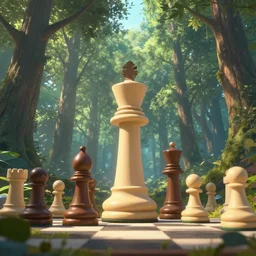 giant towering chess pieces in a forest, low angle view, storybook, beautiful, soft lighting, artstation,