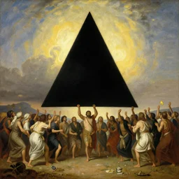 black triangle in the sky being worshipped, worshippers, historical oil painting, detailed, award - winning