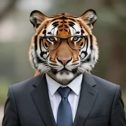 high quality portrait photo of a business tiger dressed in a suit and tie, !!wearing glasses!!, !Anthropomorphic!, photography 4k, f1.8 bokeh, 4k, 85mm lens, sharp eyes, looking at camera