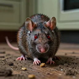 cinematic colorful horror artwork by artgerm, beksinski, mark brooks ; real life full portrait of ugly furry mouse, red eyes, scampering kitchen floor to collect a leftover piece of kibble. dirty dusty, cobweb. macro scale ; scary, 8 k hdr, creepy intricate ; volumetric dramatic lighting, insanely detailed, haunting