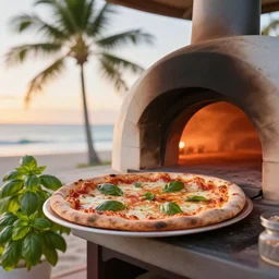 close - up of a pizza cooking in a wood fired pizza oven on a tropical beach, in the sunset, basil growing as palm trees, in the background little tomato characters are playing with mozzarella balls in the water, dusk, low angle, warm light, extremely detailed 3 d octane render, 4 k, 8 k